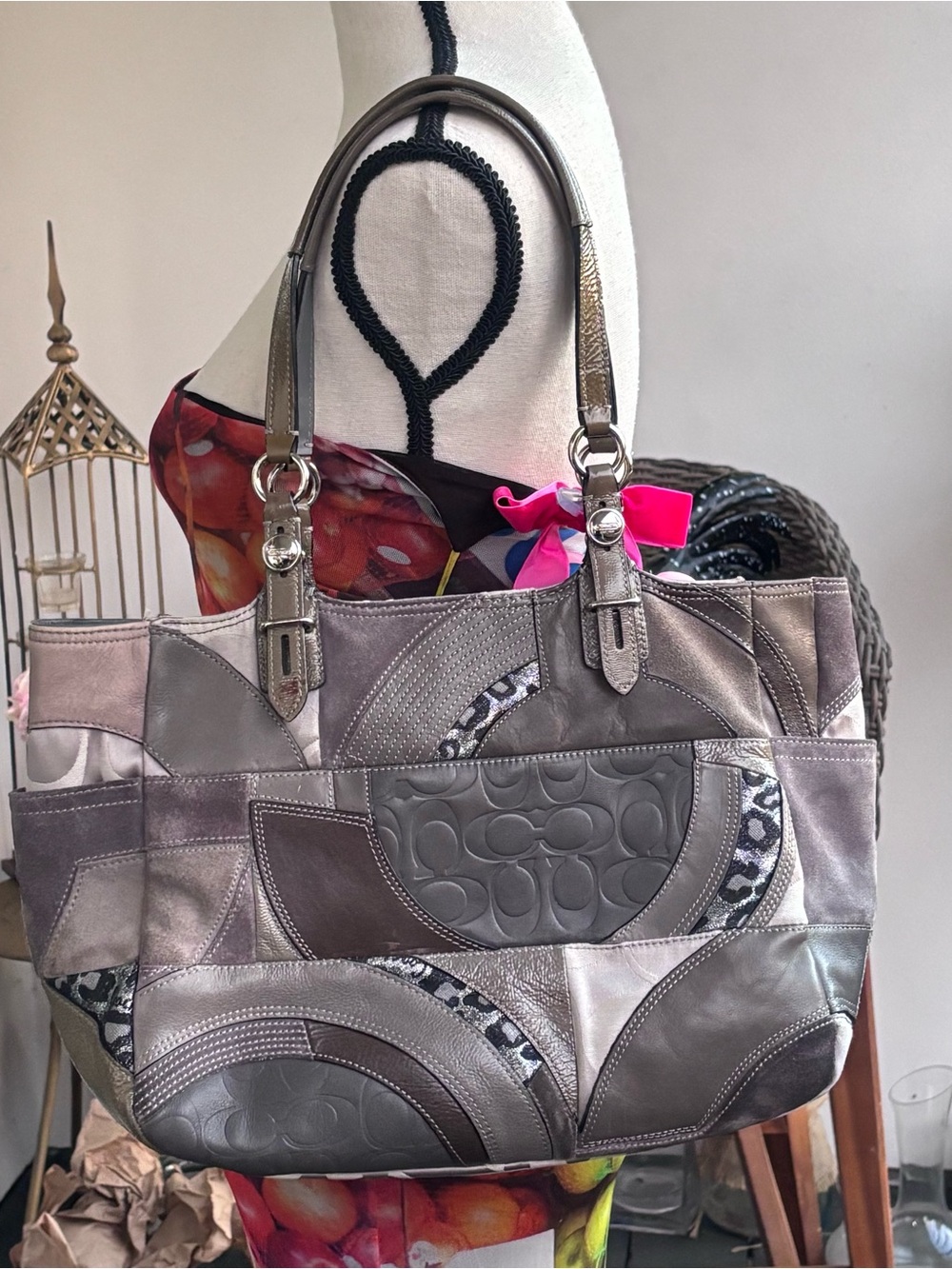 Authentic Coach Patchwork Signature Tote F15442 GREY Jacquard Leather Y2K